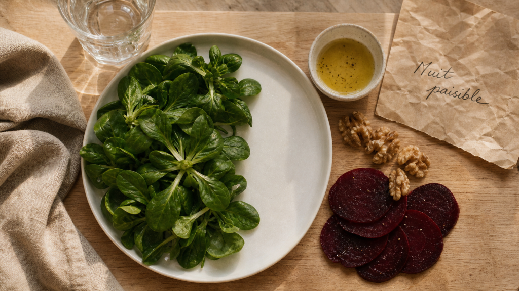 Manger de la mâche le soir : assiette de mâche, vinaigrette et noix