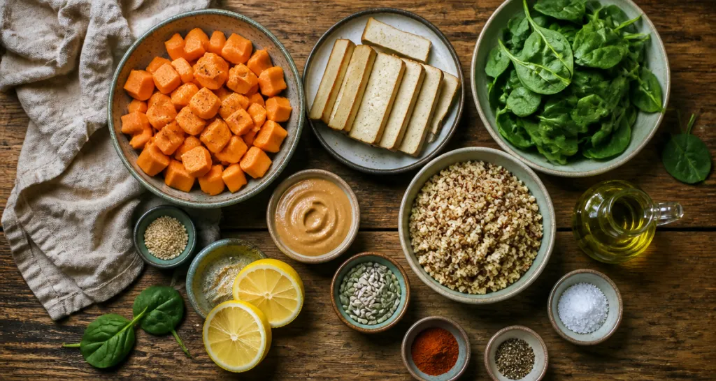 Ingrédients patate douce proteine sur table rustique