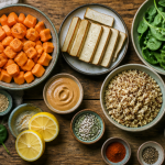 Ingrédients patate douce proteine sur table rustique