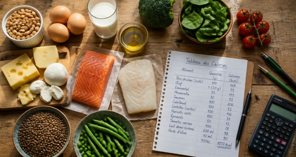 tableau des calories des aliments sur plan de travail