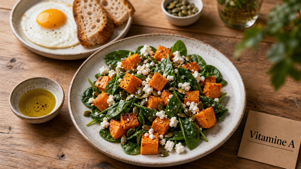 Vitamine A dans quels aliments : patates douces, œuf, huile d’olive, feta