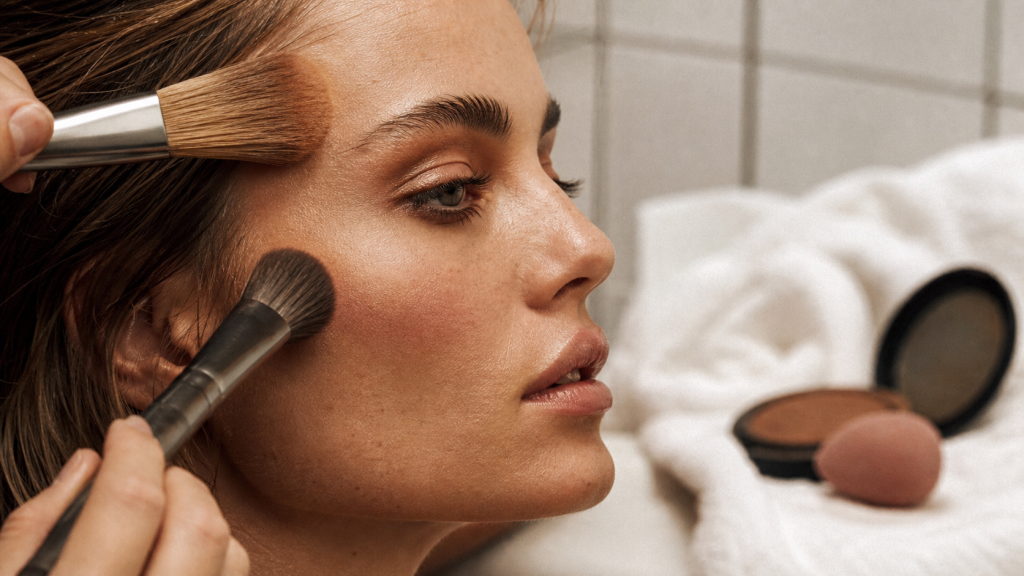 Appliquer bronzer et blush : pinceau sur tempes et pommettes