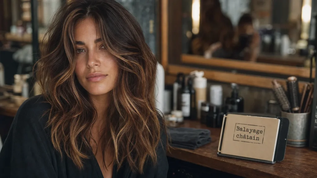 Balayage pour châtain foncé : reflets caramel et noisette