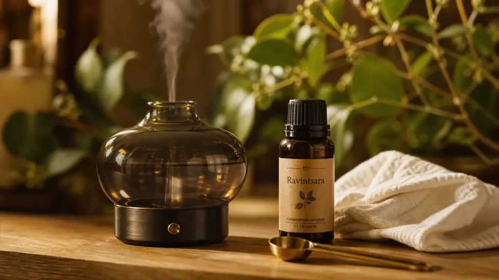 Bienfaits du ravintsara : flacon d’huile essentielle et diffuseur en ambiance