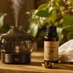 Bienfaits du ravintsara : flacon d’huile essentielle et diffuseur en ambiance