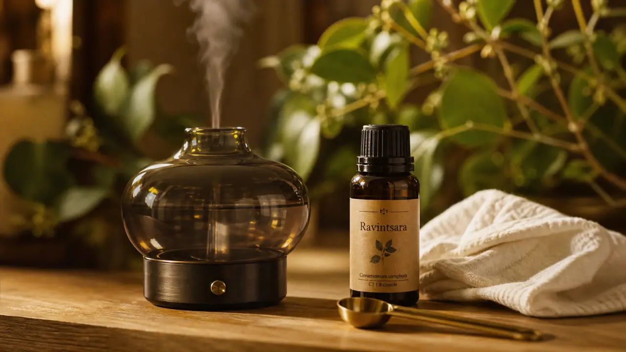 Bienfaits du ravintsara : flacon d’huile essentielle et diffuseur en ambiance