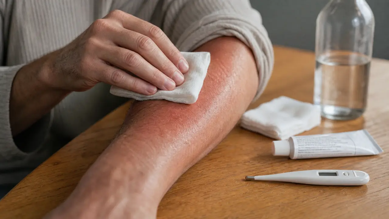 Comment faire dérougir un coup de soleil : compresse d’eau tempérée sur avant-bras rouge et douloureux