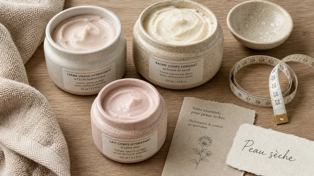 Creme pour peau seche : crème visage et baume corps sur table