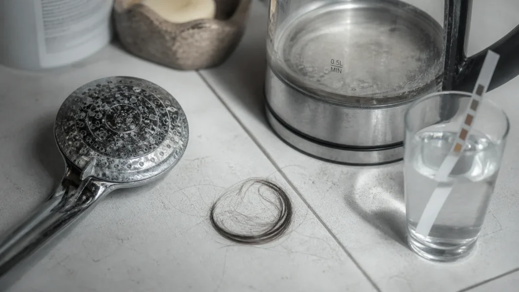 Eau calcaire cheveux : tartre et cheveux secs dans une salle de bain