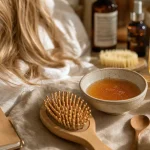 Éclaircir ses cheveux naturellement au miel doré, brosse en bois et infusion de camomille