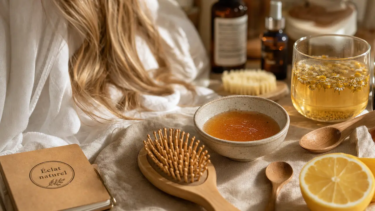 Éclaircir ses cheveux naturellement au miel doré, brosse en bois et infusion de camomille