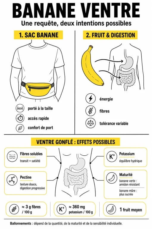 Infographie banane ventre : sac banane porté sur le ventre et effets de la banane sur le ventre gonflé