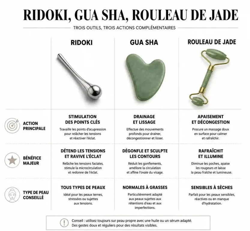 Infographie comparative des outils de massage facial : ridoki, gua sha et rouleau de jade pour choisir selon son type de peau.