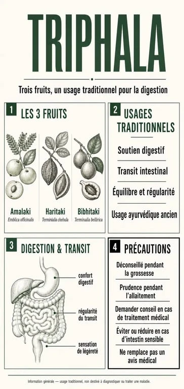 Infographie sur les bienfaits du triphala, ses trois fruits et ses précautions