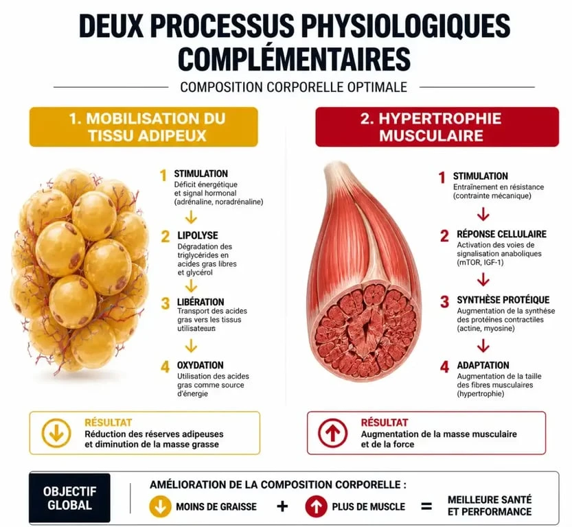 Infographie explicative sur le fonctionnement de la recomposition corporelle : perte de gras et gain de muscle