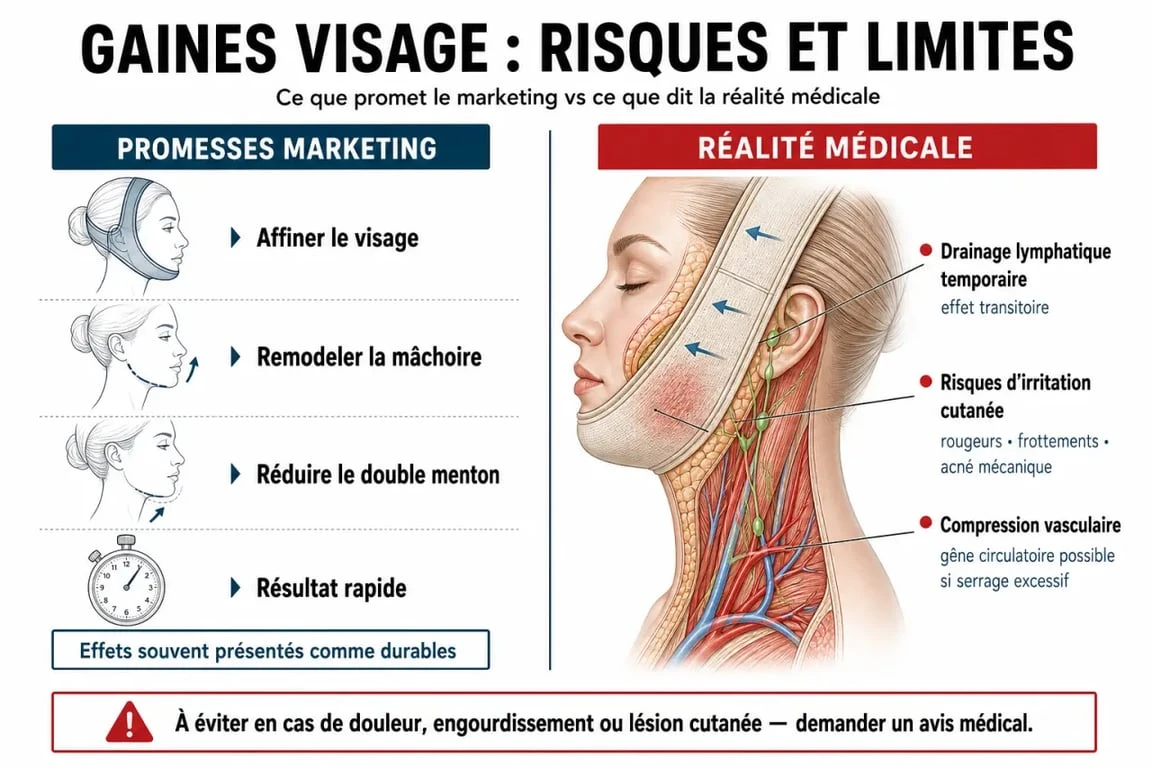 Infographie sur les risques et l'efficacité réelle des gaines visage pour le double menton