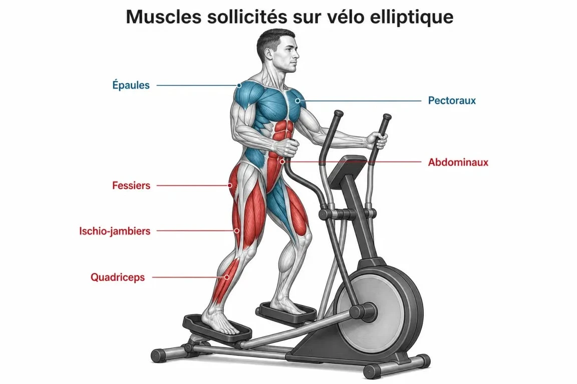 Schéma des muscles sollicités par le vélo elliptique pour un effet avant après tonifiant