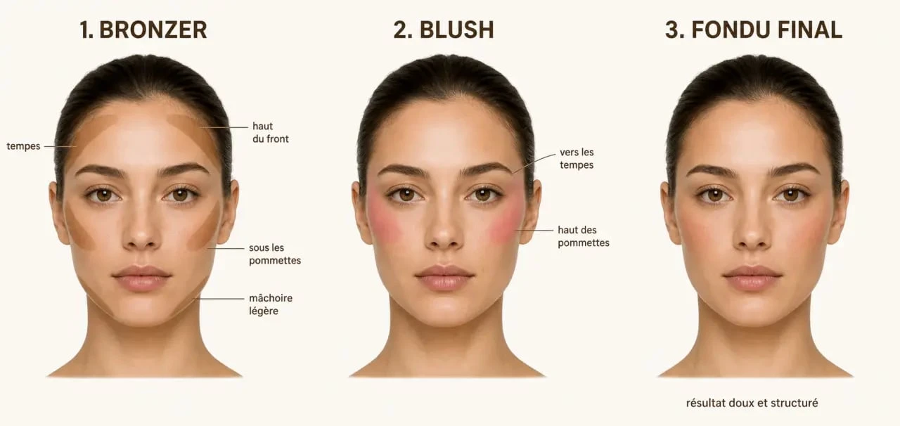 Appliquer bronzer et blush sur le visage avec zones d’application indiquées