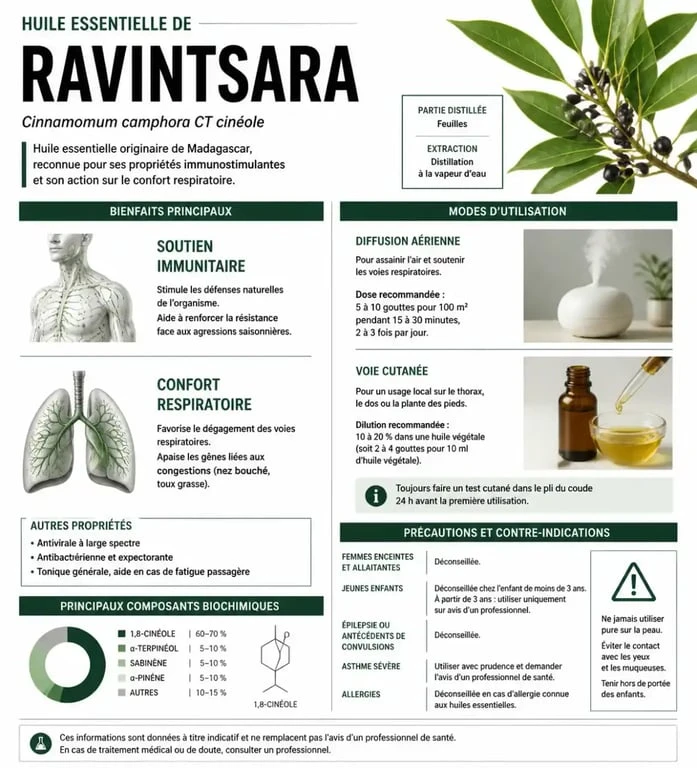 Infographie sur les bienfaits du ravintsara et ses précautions d'utilisation en aromathérapie