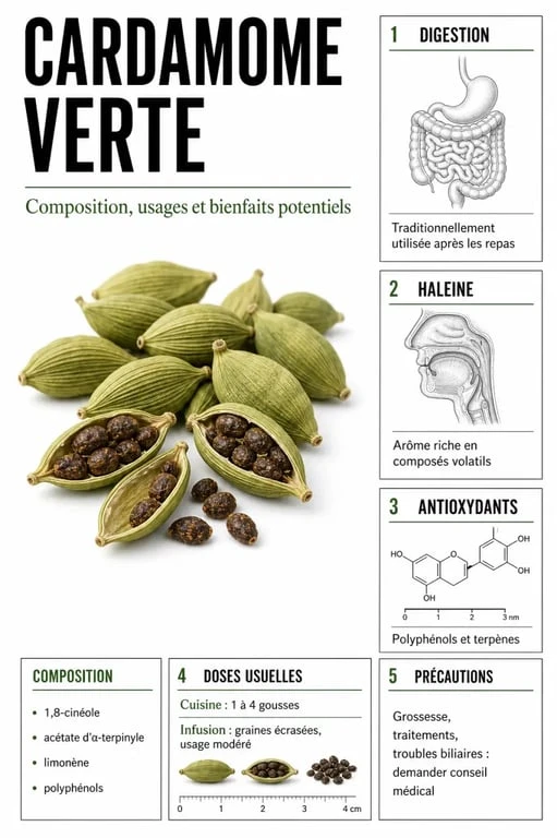 Infographie cardamome bienfait sur la digestion, l’haleine, les antioxydants et les précautions