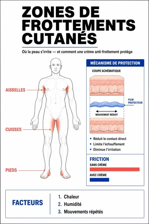 Schéma explicatif des zones d'application et du mécanisme d'action d'une crème anti-frottement pour prévenir les irritations cutanées.