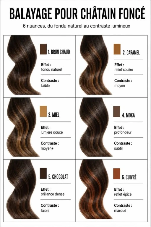 Infographie balayage pour châtain foncé avec nuances caramel, miel, noisette, chocolat, moka et cuivré