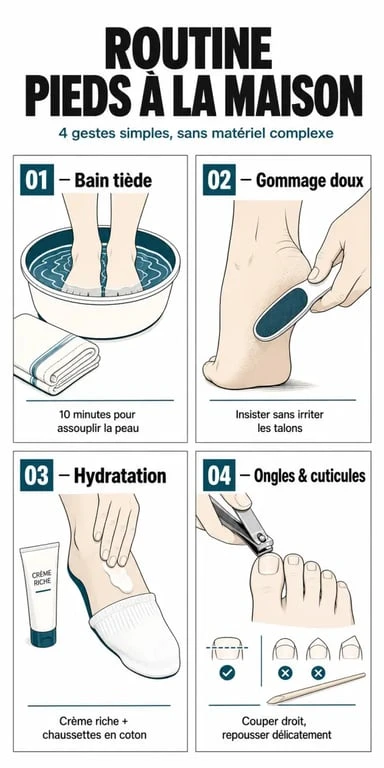 Comment avoir de beaux pieds : routine simple en 4 étapes avec bain de pieds, gommage, hydratation et soins des ongles