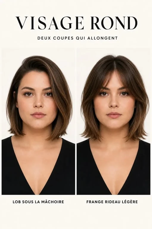 Visage rond coupe de cheveux : inspiration visuelle avec un lob et une frange rideau
