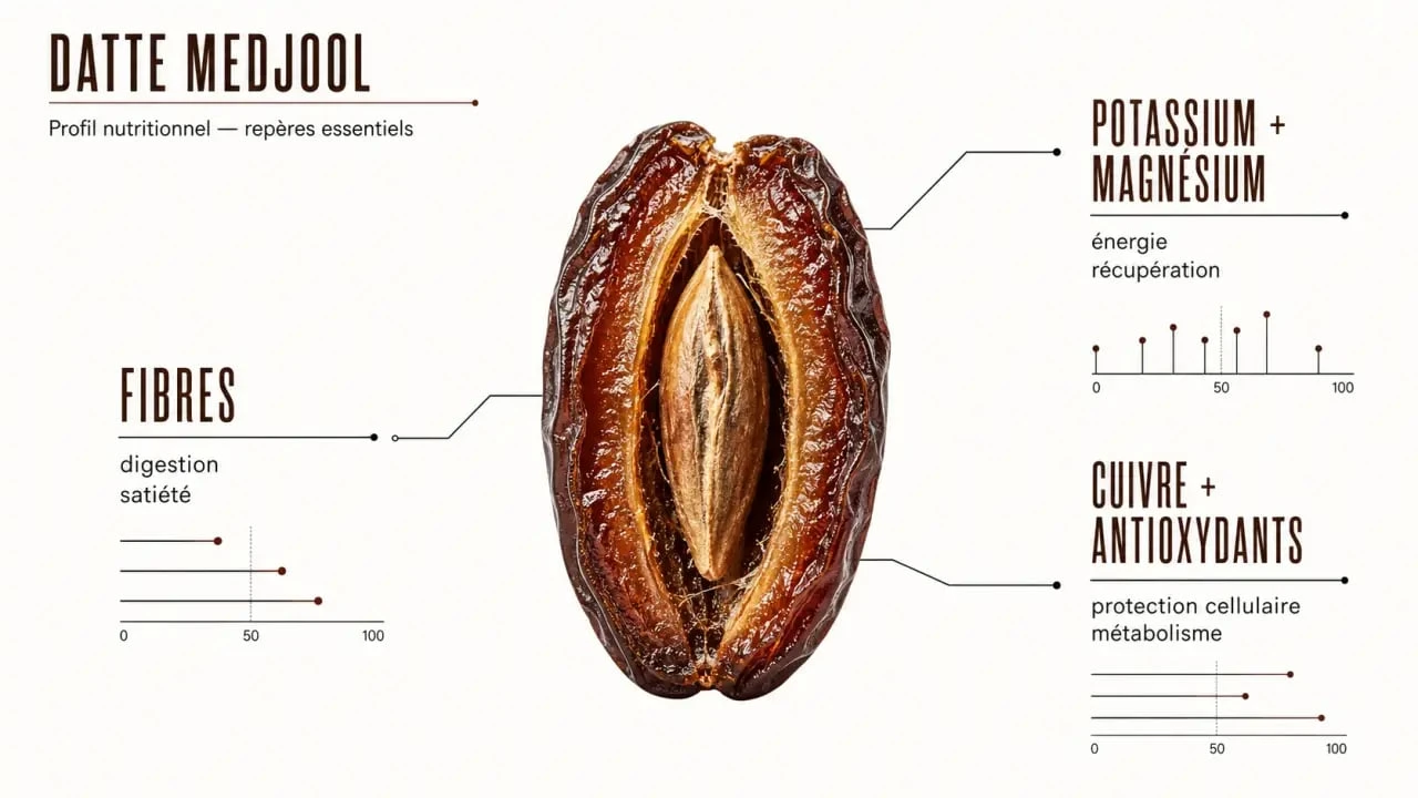 Dattes medjool bienfaits : infographie santé sur fibres, potassium, magnésium et énergie