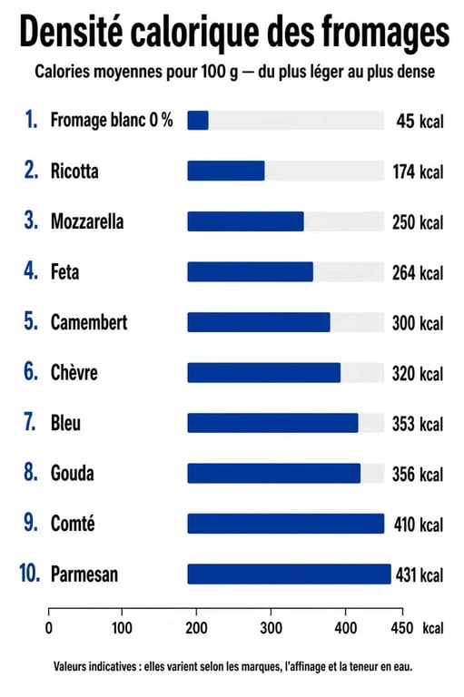 Infographie comparative des calories des fromages : fromage blanc, cancoillotte, mozzarella et chèvre frais.