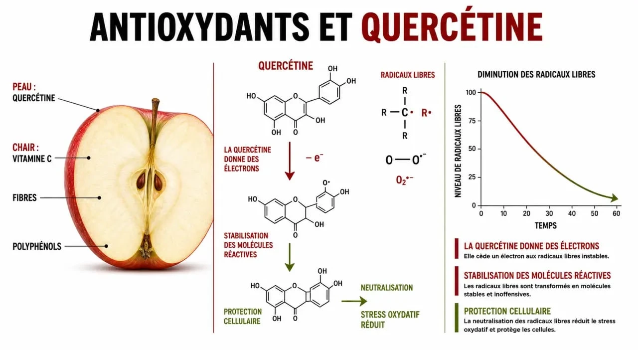 Schéma scientifique des bienfaits du jus de pomme et de ses antioxydants pour la santé
