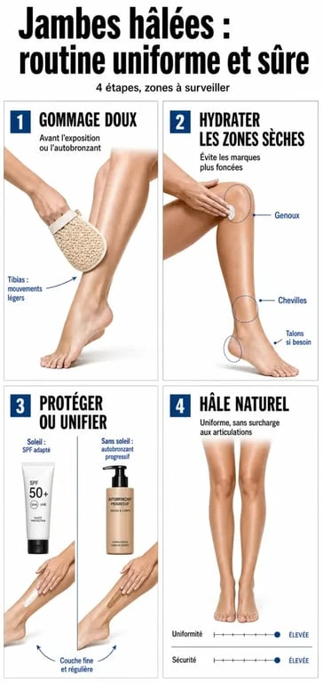 Comment bronzer des jambes : routine visuelle en 4 étapes pour préparer, protéger et obtenir un hâle uniforme