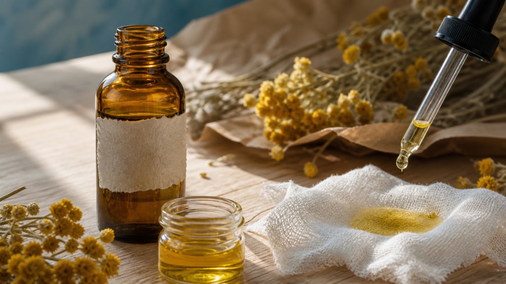 Huile essentielle immortelle utilisation pour bleus et jambes lourdes, application sur la peau