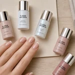 Idee ongle semi permanent nude glossy avec french twist et accent chrome opale