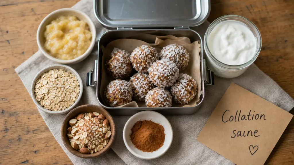 Idées de collations saines : energy balls, yaourt et banane