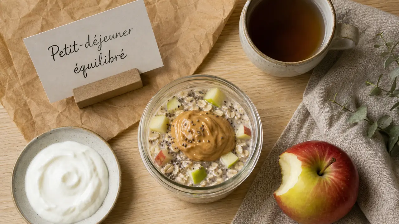 Idées de petit-déjeuner équilibré : overnight oats au bocal, skyr et pomme