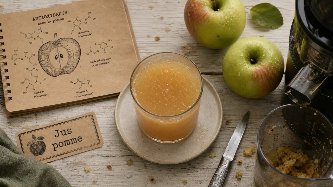 Jus de pommes bienfaits, verre de jus trouble avec pommes vertes et extrait