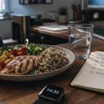 Déjeuner stable pour lutter contre la fatigue de l'après-midi, montre 14h30, marche et sieste