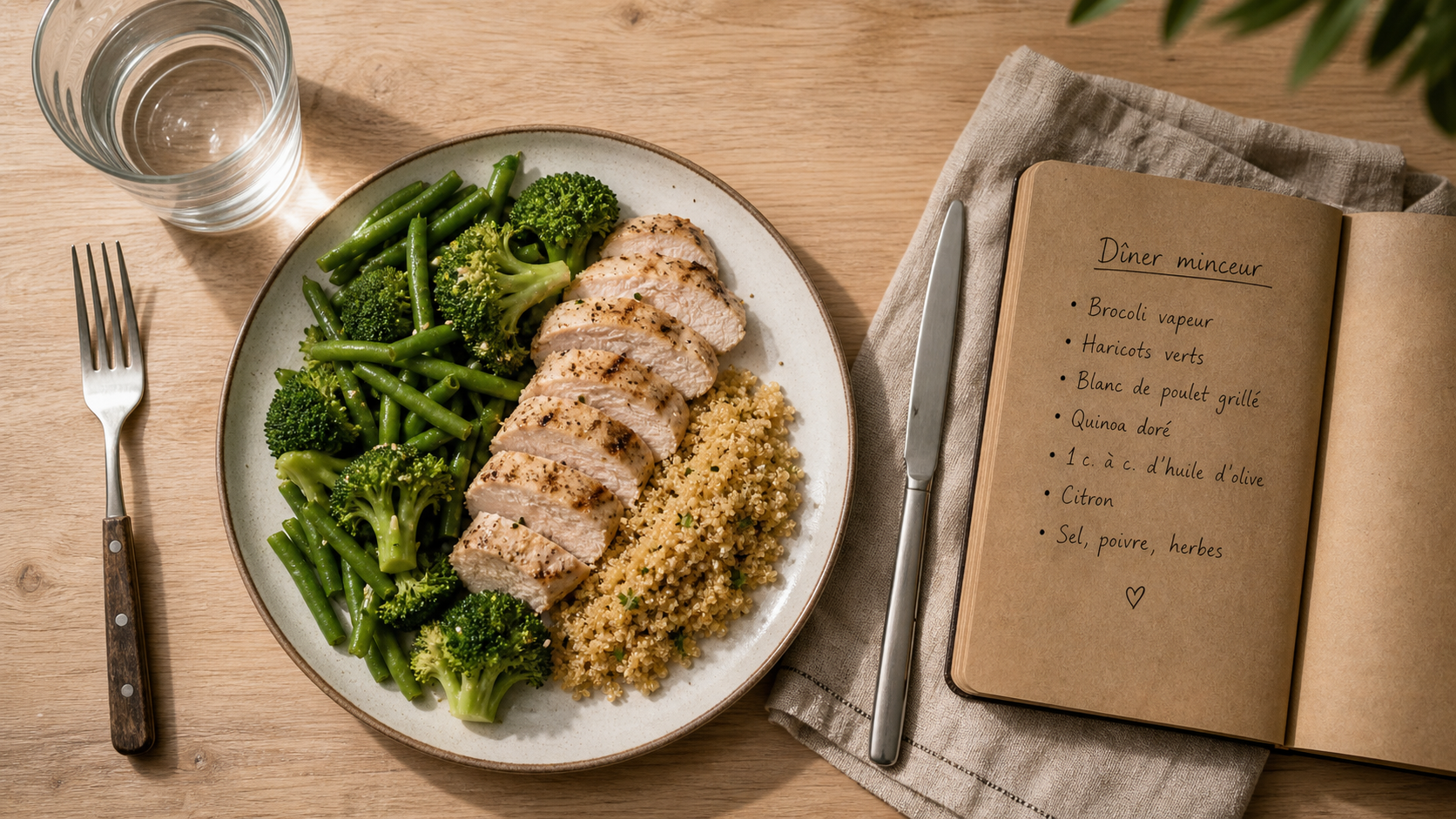 Maigrir repas soir : assiette protéines, légumes verts et quinoa dosés