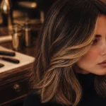 Meche blonde sur du brun : balayage miel patiné, reflets beige-doré