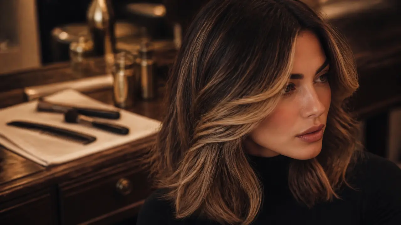Meche blonde sur du brun : balayage miel patiné, reflets beige-doré