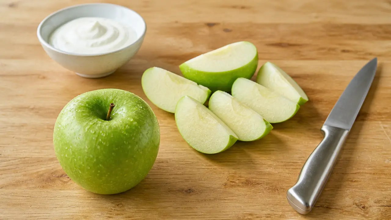 Pomme verte tranchée et yaourt nature sur une planche en bois