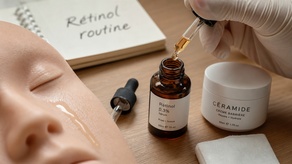 Retinol c’est quoi : sérum au rétinol sur peau, routine anti-âge