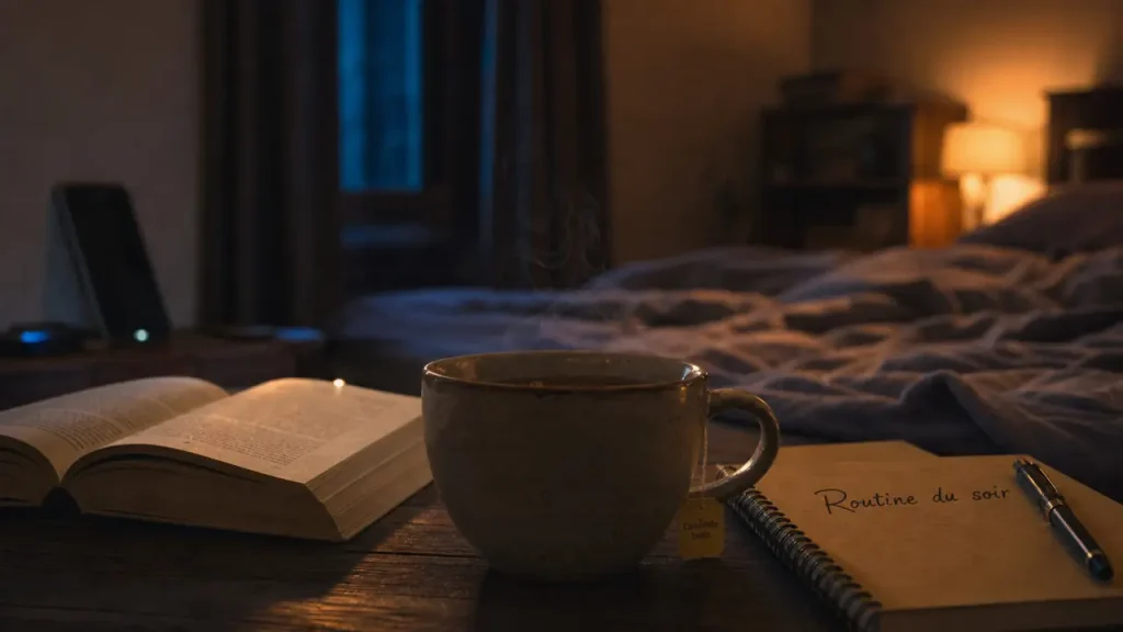 Une routine du soir pour bien dormir : tisane et carnet, écran coupé