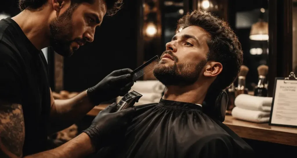 Visagiste homme analysant coupe et barbe du modèle