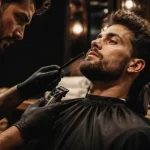 Visagiste homme analysant coupe et barbe du modèle
