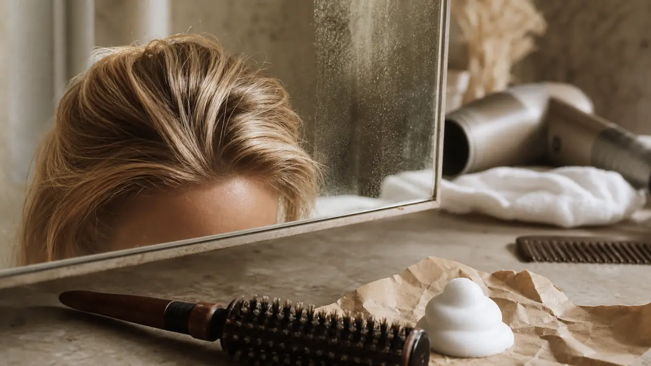 Coiffage devant le miroir : cheveux volumineux et brosse ronde