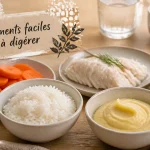 Aliments faciles à digérer : riz, poisson, carottes, pomme de terre, banane