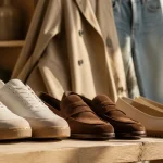 Chaussures printemps : baskets, mocassins et ballerines sur établi en bois, lumière naturelle