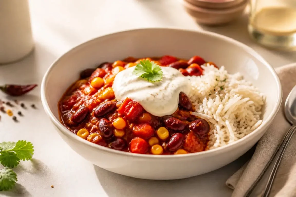 Recette ig bas plat principal de chili sin carne aux haricots rouges, avec riz basmati et sauce yaourt-moutarde